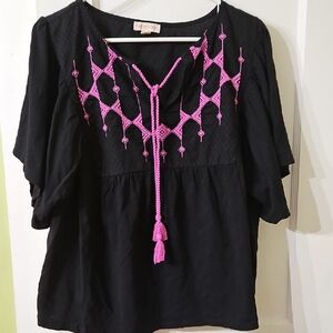 Knox Rose Black Tunic with Pink Embroidered Yoke
